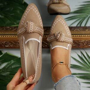 Pointed Bow Top Knit Ballet Flat Casual Loafer Contrast Color Trim Slip-on Shoes